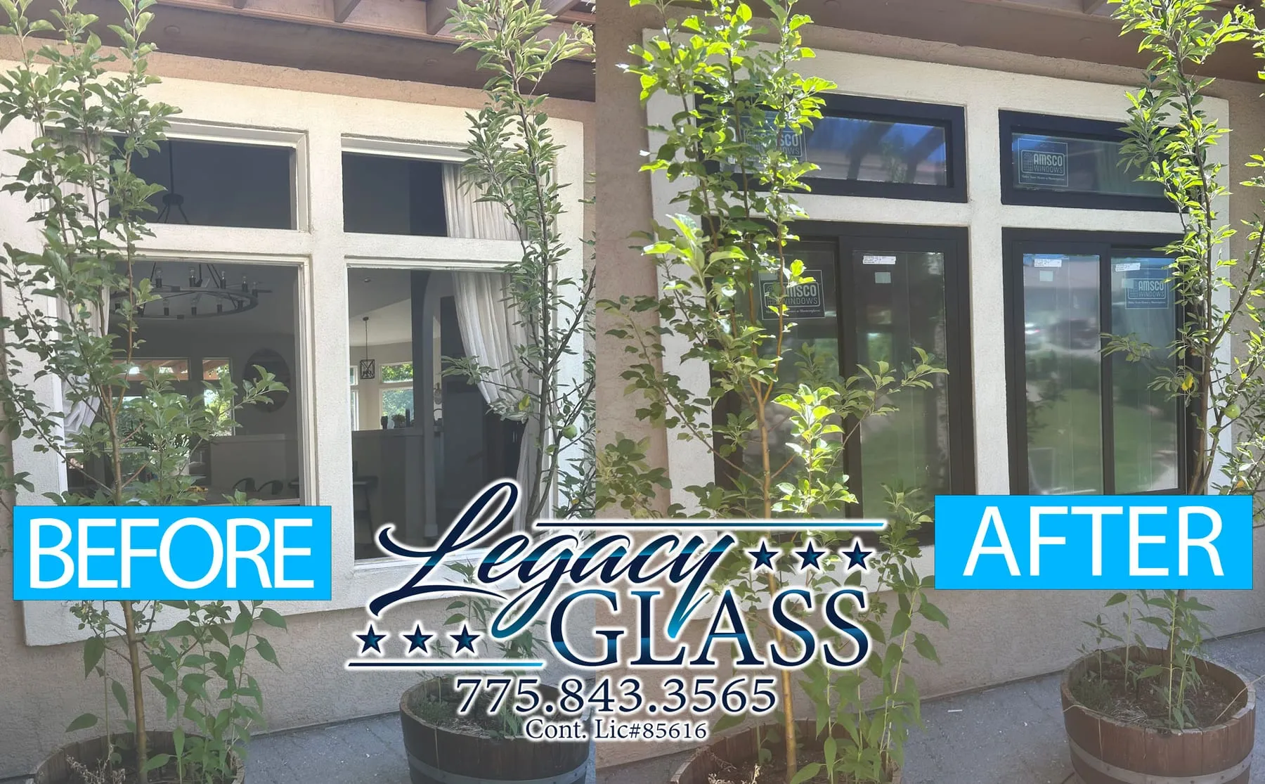 Before and after window replacement on a Reno home