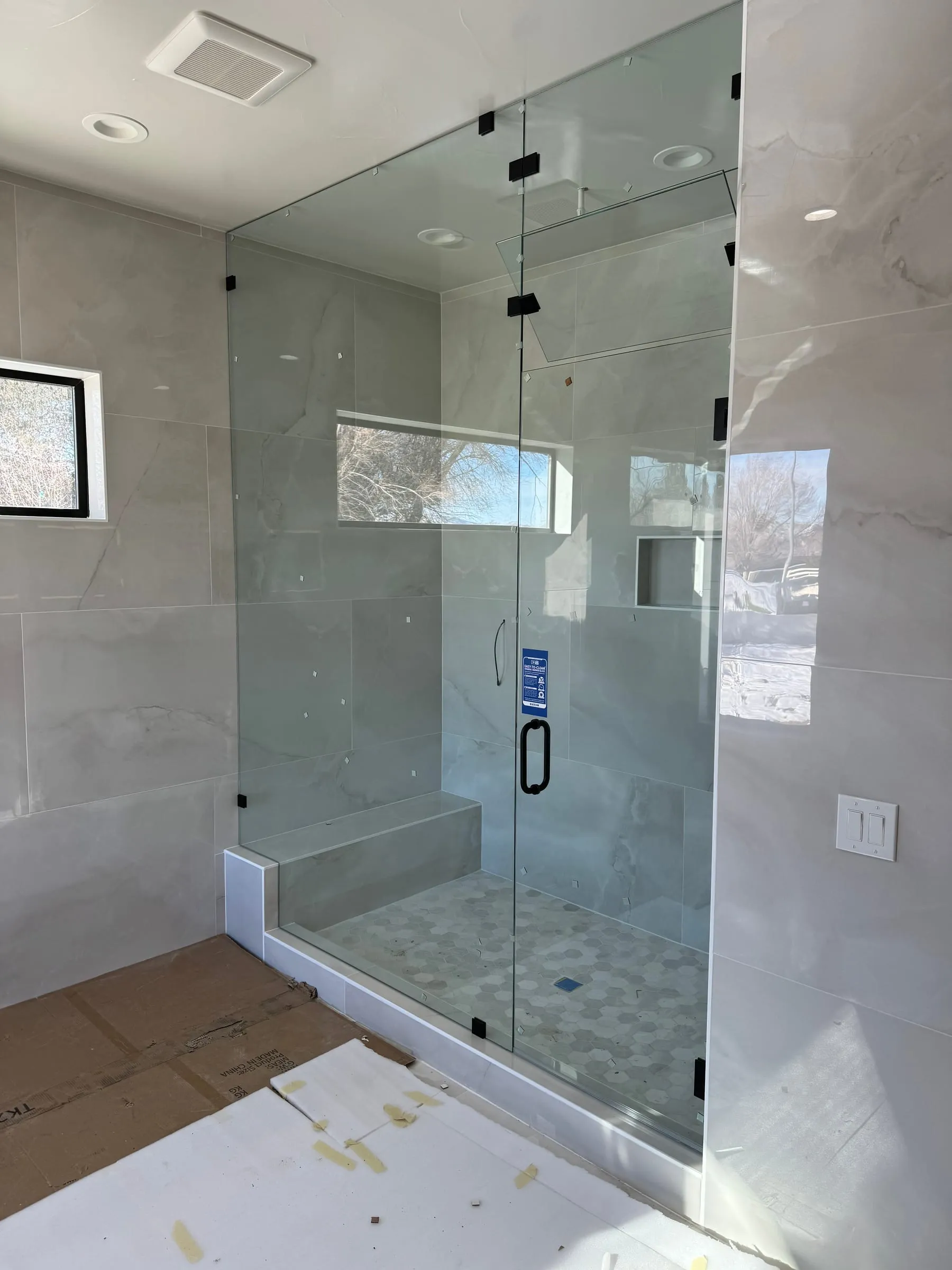 Frameless shower door and fixed glass panel