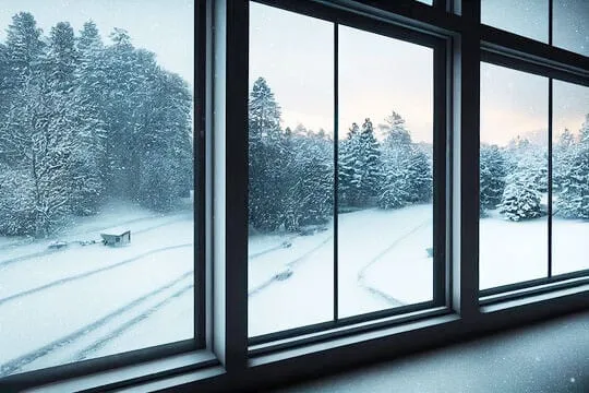 New black-frame windows looking out on a snowy winter yard
