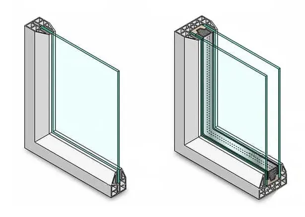 Diagram comparing single-pane and double-pane window construction