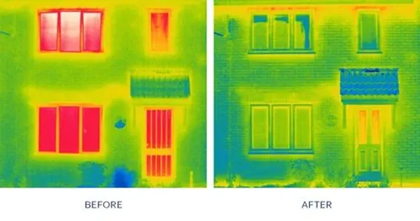 Thermal camera image showing heat escaping through old windows