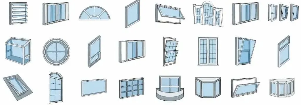 Illustrations of common window types including casement, awning, double-hung and bay